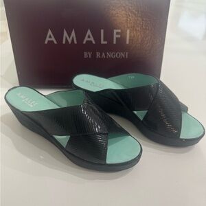 Amalfi by Rangoni Bovia-Black Italian Leather Wedge Sandal Slides